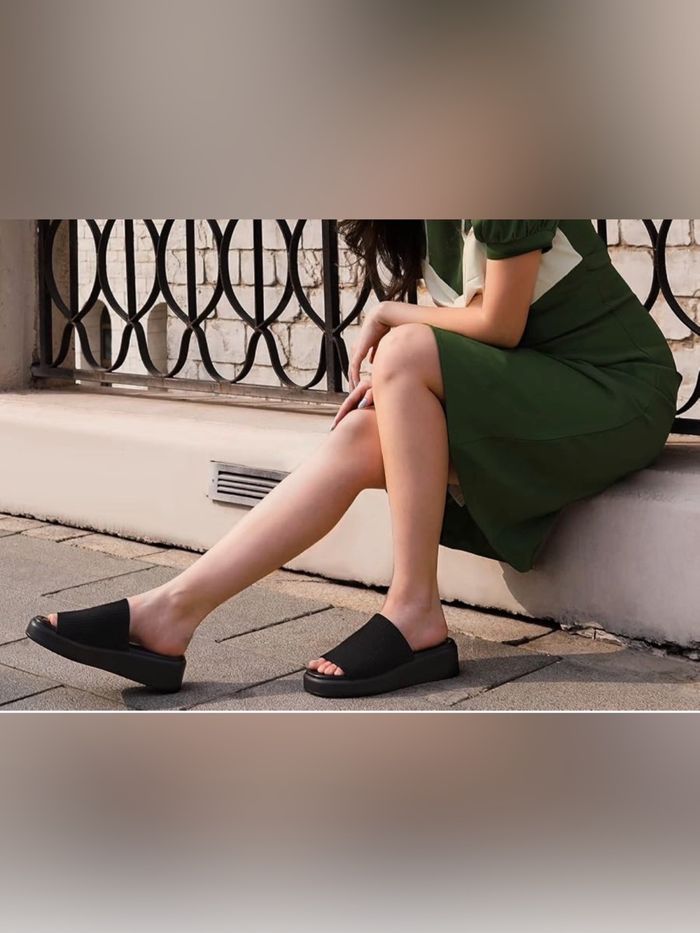 Black Ribbed Slide Platform Sandal - Picture 2 of 2